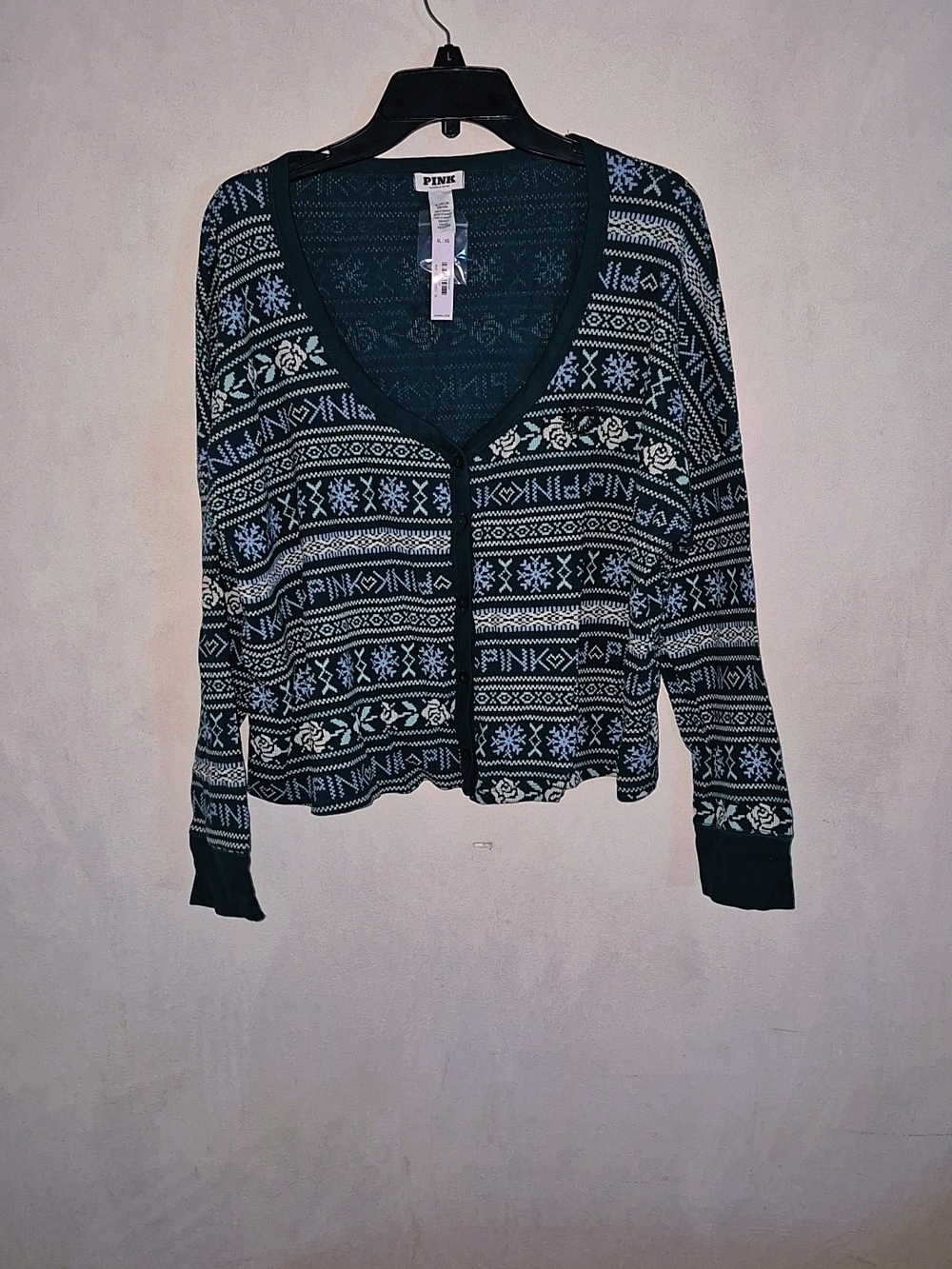 PINK Victoria's Secret Patterned V-Neck Cardigan Sweater - Dark Green/Light Blue